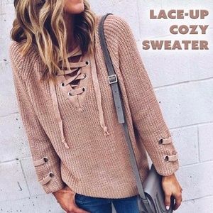 Lace Up Cozy Tan~Taupe Sweater